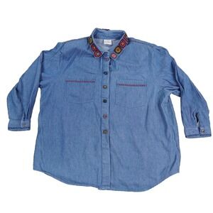 VTG Koret City Blues Denim Shirt Large Crochet Collar Embroidered Boho Granny Co